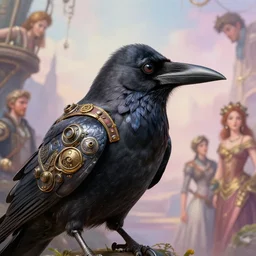 a close - up stunning fantasy scene of a steampunk crow | highly detailed | very intricate | disney | magic the gathering | steampunk | dramatic romantic epic breathtaking whimsical magical | professional cinematic lighting | award - winning | painted by marc simonetti and anton fadeev and paul lehr and rhads and alena aenami | pastel color palette | featured on artstation