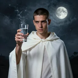 portrait of a ( ( ( glass of water ) ) ), ( ( bellaco guapo joven hombre cubano pelo buzzed ) ), white cloak, tormenta y magia, la luna,, concept character, by greg rutowski and mucha and bierstadt and remington, trending on artstation