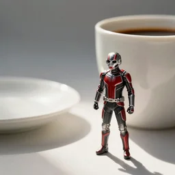 A miniature figure of Antman standing next to a coffee cup