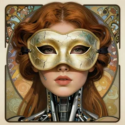 A close-up portrait of a beautiful female robot wearing a cracked venetian mask by Alphonse Mucha, exposed inner structure, big soulful eyes, art nouveau card, concept art, wlop, trending on artstation