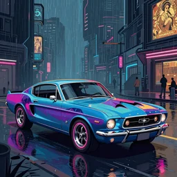 a detailed render of a neon colored batmobile in a 1 9 6 7 ford mustang fastback, vector art, art by artgerm and greg rutkowski and alphonse mucha, cyberpunk city, rainy city streets, god rays, intricate detail, cinematic, 8 k, cel shaded, unreal engine, featured on artstation, pixiv