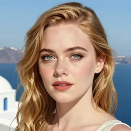 Elle Fanning in Santorini, head and shoulders portrait, extremely detailed masterpiece, Roger Deakin’s cinematography, illustration, by Michael Sowa,