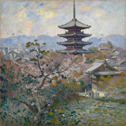 kyoto city, painting by gaston bussiere, yoji shinkawa, claude monet