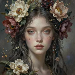 portrait of a floral goddess, enigmatic beauty, esoteric, muted colors, head in focus, high fantasy art, floral aesthetics, intricate details, elegant, highly detailed, hyperrealistic painting, artstation, concept art, painterly, sharp focus, illustration, art by hans jokem bakker
