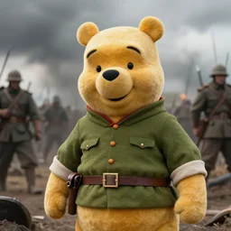 hyperrealistic still image of winnie the pooh in chinese soldier outfit on the battlefield, dramatic, moody, detailed