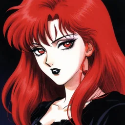 portrait of 9 0 s seinen manga art of goth woman with red hair, black makeup, and red eyes.