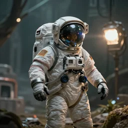astronaut game character in viking quest, game art, splash art, movie still, cinematic lighting, 2d game, octane render, long lens, shallow depth of field, bokeh, anamorphic lens flare, 8k, hyper detailed, 35mm film grain