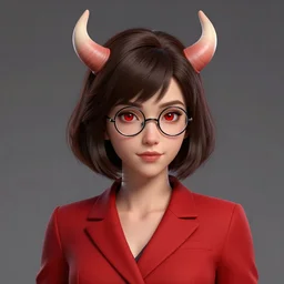 hearts of iron 4 leader portrait of a girl with dark brown bob haircut, round reading glasses, red eyes, red suit, light red horns, democratic, trending on artstation, highly detailed, character portrait, ylva ljungqvist, custom portraits, paradox interactive
