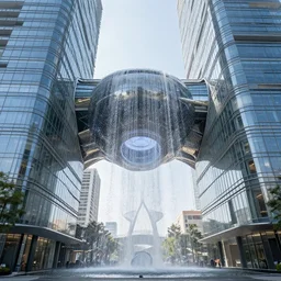 outdoor design, in the style of zaha hadid, by weta digital, marquee, futuristic, santiago calatrava, water falling down between two glass buildings, daytime,