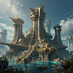 a fantasy steampunk sunken city, deep colour\'s, realistic, hyperrealistic, concept art, stylized, unreal engine 5, trending on art station, W 1024