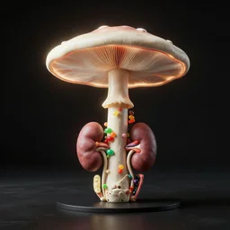 Simple anatomic, bionic exploded drawing, crossection skeleton fungus sculpture, jellybeans, organs, kidney, by david lachapelle, by angus mckie, by rhads, in a dark empty black studio hollow, c4d, at night, rimlight, c4d, by jonathan ivy, by alex grey