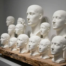 an huge collection of assortment of white clay sculpted abstract and deformed heads on a rustic wooden beam, white matte porcelain, sculptures, museum display