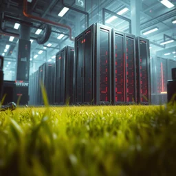 detailed, by jordan grimmer, beautiful, art greg rutkowski, trending on artstation, concept art, cyberpunk space, business technology, cinematic view, grass, vivid, hi tech digital interior, huge scene, abstract data center server, blured polygonal geometric, high detail, volumetric
