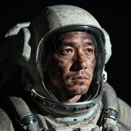 headshot of space miner, dirty face, long stare. tired. strong shadows.
