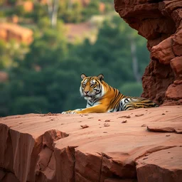 photo still of a tiger resting on a red clay cliff, 8 k 8 5 mm f 1. 8