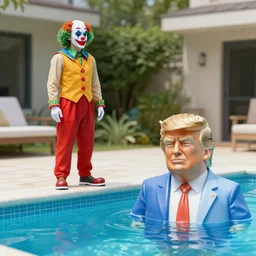 a man standing next to a pool, he is wearing a clown outfit, a statue of donald trump is in the pool, hyper realistic, very detailed.