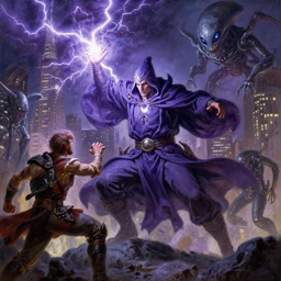stunning male master wizard fighting invading aliens in new york city by his thunder spell, highly detailed painting by gaston bussiere, craig mullins, j. c. leyendecker, 8 k