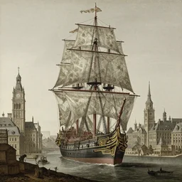 by jan pietersz saenredam, by russ mills bleak. a art installation of a tall ship sailing through a cityscape. the ship is adorned with intricate details, while the cityscape is filled with towering palaces & other grand buildings.