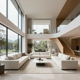 A futuristic living room with floor to ceiling glass windows on the left and curved wooden stairs going upstairs on the right, two white sofas with a white marble table in the center of the living room, stairs to the second floor, 8k resolution, professional interior design photograph, wide angle photograph