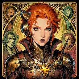 a detailed portrait illustration of a steampunk tech - sorcerer. beautiful intersex face, ginger. art nouveau, pop art, comic book style. influenced by neil gaiman, h. p. lovecraft, dan mumford, brian froud, heade, killian eng, ross tran.