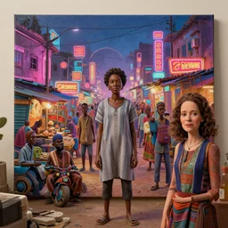 stylish caricature art of a bustling neon lit ajegunle slum in nigeria, photographed by vivian maier, unreal engine 3 d vfx render, digital illustration by mike winkelmann, intricate detail, sharp, volumetric light, ray tracing, soft light, colourful, claymation, wide angle lens, acrylic on canvas, cinestill, rule of 3 rds,