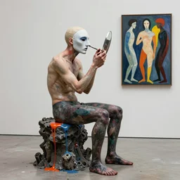 portrait of a morphed masked actor sitting on a stalagmite looking into a mirror doing makeup by james jean and luc tuymans and beeple and hernan bas and pat steir and hilma af klint, psychological, 3 d, dripping paint, high quality render, masterpiece