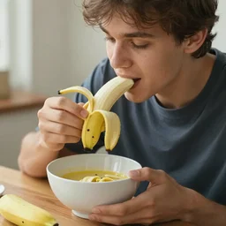 A young man eating a banana in a white bowl for breakfast 4k photo realistic