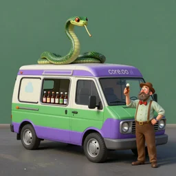 a purple and green ice cream van that sells snake oil instead of ice cream, rowdy salesman hawking little brown bottles, medicine, snake van, snake van, painting by René Magritte, Grant Wood, 3D rendering by Beeple