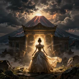 a princess, shadow of the colossus, in front of a temple, at a volcano, storm clouds, dramatic lighting, hudson river school