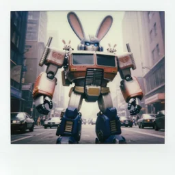 epic pose!!! giant oversized battle rabbit robot chubby mech transformers retro sport delorean doorwings double decker with giant oversized ears and rabbit babies, in busy city, full body, cinematic focus, polaroid photo, vintage, neutral dull colors, soft lights, foggy mist, by oleg oprisco, by thomas peschak, by discovery channel, by victor enrich, by gregory crewdson
