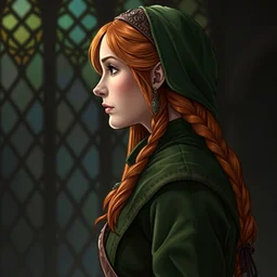 detailed side - view portrait of triss from the witcher 3, hair band, long green coat, 1 3 th century stained glass window, very masterful