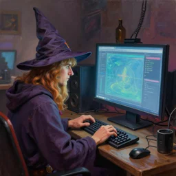 matte oil painting, wizard gaming on his computer, as a dnd character, typing on a keyboard, big screen, 8 0 s style, inside a cluttered lan party, wrinkled wizard hat, extremely detailed, digital illustration, concept art, readability, smooth, sharp focus, art by brothers hildebrandt, art by alex grey
