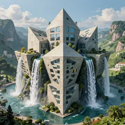 angular monolithic building by escher and mandelbrot, ricardo bofill, impossible geometry. utopian landscape. magical realism, surrealism, waterfalls, trending on artstation, cinematic composition,