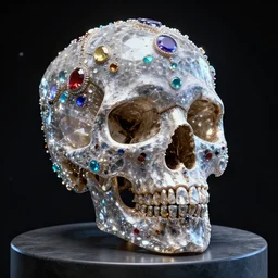 skull made of crystal covered with detailed vivid jewels and gems on a pedestal in space, unreal engine 5, enreal render, 8k