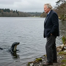 Sir David Attenborough at a lake, looking at the Loch Ness Monster Nessie