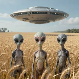 3 short grey aliens standing in a wheat field staring ominously at us while their interdimensional ship hovers silently in the background