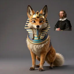 jackel pharao, jackal dressed up as a pharao, furry fluffy jackal, dessert wolf, 3 d animation demo reel, portrait studio lighting by hieronymous bosch and rembrandt