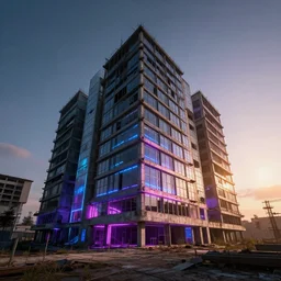 a beautiful hyperdetailed rendering of building urbex office building unfinished building industrial architecture by frank lloyd wright, water nightvision at night nature neon noir elysian fisheye morning sun tron synthwave sunlight magic realism, archdaily, wallpaper, highly detailed, trending on artstation.