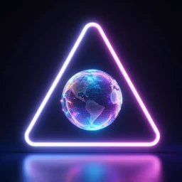 neon triangle, glowing sphere, techo concept, future, beeple