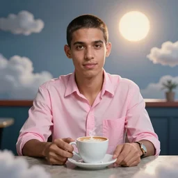 portrait of a ( ( ( un cafe ) ) ), ( ( bellaco guapo joven cubano pelo buzzed camisa rosa abierta ) ), nubes y magia, el sol, concept character, by greg rutowski and mucha and bierstadt and remington, trending on artstation