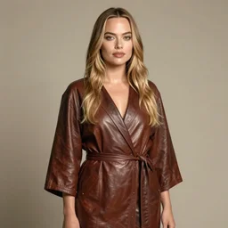 detailed Illustration of Margot Robbie in a Solarpunk leather robe, full body portrait, shiny skin, soft lighting, sharp details, warm colors, studio portrait, 35 mm film, subsurface scattering