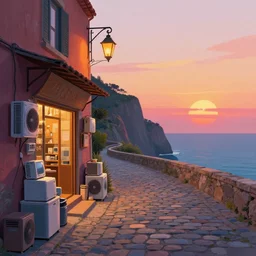 a lonely cobblestone street with a business selling electrical appliances, a lantern, on a cliff over the sea at sunset, artstation, colorful sylvain sarrailh concept art, by peter chan, wrong perspective points