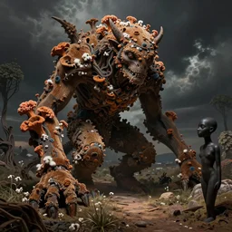 ancient creature covered in fungus, a lost soul, by asaf hanuka, by caspar david friedrich, by wangechi mutu, by zdzisław beksinski, divine, powerful, accent lighting, cotton, corduroy, on path to enlightenment
