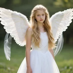 of teenage angel with long blonde hair and white dress