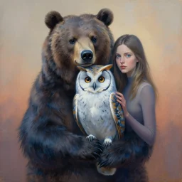 painting of hybrid between bear & owl, intercrossed animal, by zdzislaw beksinski, by tiffany bozic, cold hue's, warm tone gradient background, concept art, beautiful composition, digital painting