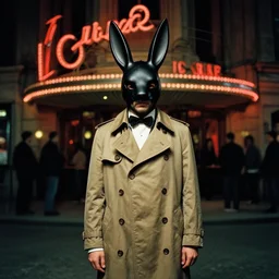 a man in a trench coat wearing a black rabbit mask in front of a night club, film still from the movie directed by Denis Villeneuve with art direction by Salvador Dalí, wide lens