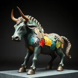 sculpture of 🐄 made of iron colors hd waste, detailed