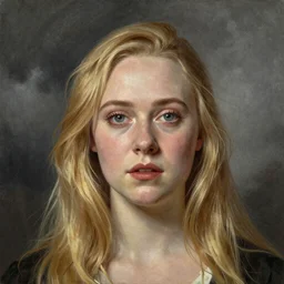 professional painting of Elle Fanning in the style of John Atkinson Grimshaw, head and shoulders portrait, symmetrical facial features, smooth, sharp focus, illustration, intricate, stormy weather, extremely detailed masterpiece,