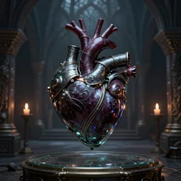 a darkmagic human heart inside glass and metal framework with dark magic in the air, inside a medieval dungeon with candley, grimdark magic ritual, 8 k, realistic render, octane render, unreal engine, style by greg rutkowski, intricate details, cinematic lighting