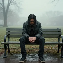 jacksepticeye sitting at a park bench, foggy, sad, raining, faded, photoshoot